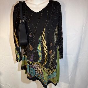 Parsley & Sage Black + Green Tribal Print Tunic Top 1X